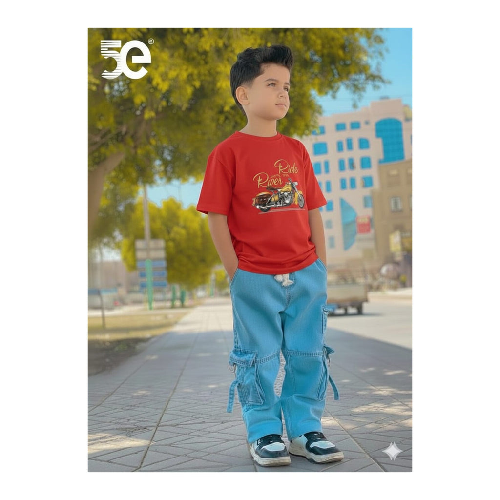Boys Denim Pant and T-Shirt Set Graphic Prints - 01 Red Racing Car
