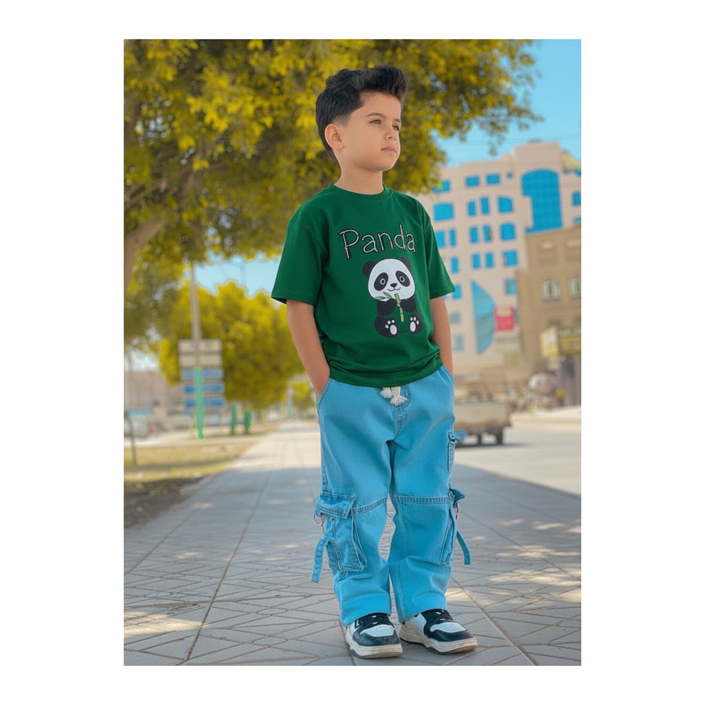 Boys Denim Pant and T-Shirt Set Panda and Graphic Prints - 01 Green Panda