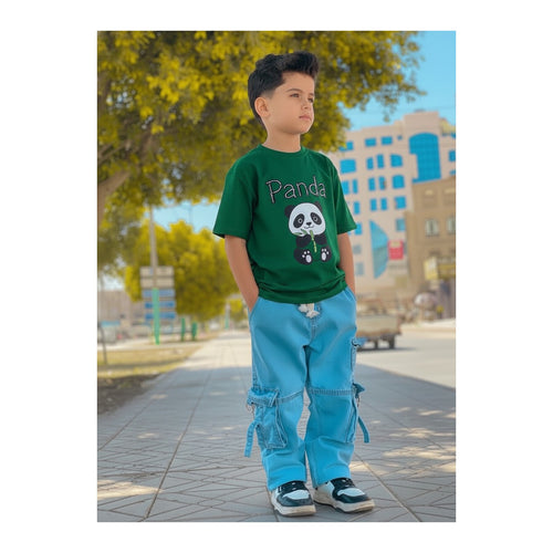 Boys Denim Pant and T-Shirt Set Panda and Graphic Prints - 01 Green Panda