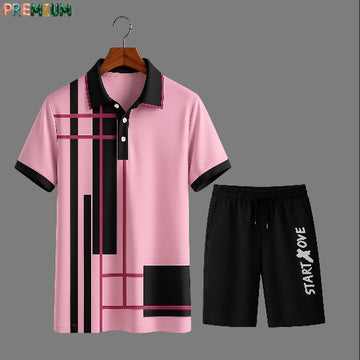 Cotton Polo Shirt and Half Pant Combo - Pink Black Stripe