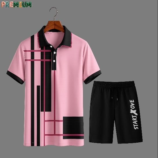 Cotton Polo Shirt and Half Pant Combo - Pink Black Stripe