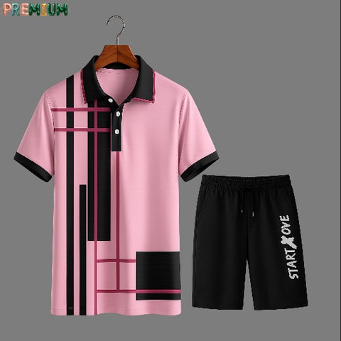 Cotton Polo Shirt and Half Pant Combo - Pink Black Stripe
