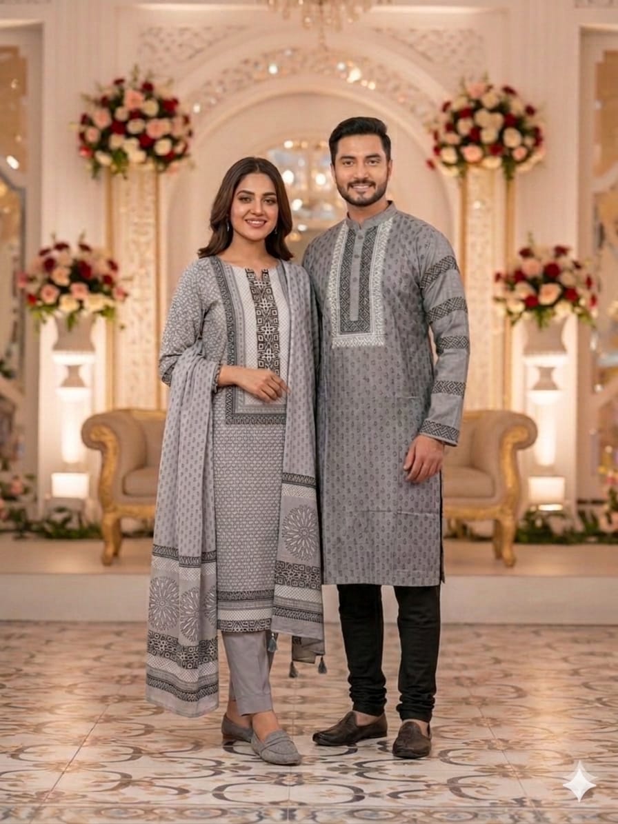 Couple Outfit and Panjabi Set Grey - Grey