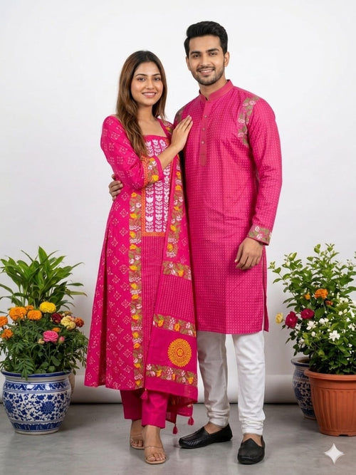 Couple Outfit and Panjabi Set Hot Pink Floral - Hot Pink Floral
