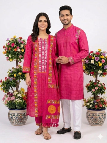 Couple Outfit and Panjabi Set Hot Pink Floral Classic - Hot Pink Floral Classic