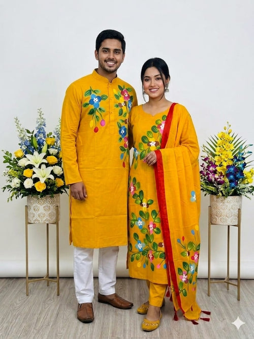Couple Outfit and Panjabi Set Mustard Yellow Floral - Mustard Yellow Floral