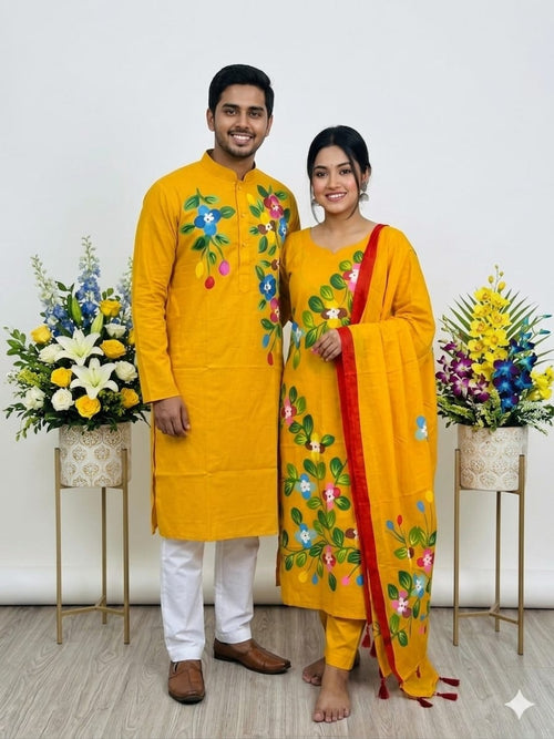 Couple Outfit and Panjabi Set Mustard Yellow Floral Classic - Mustard Yellow Floral Classic