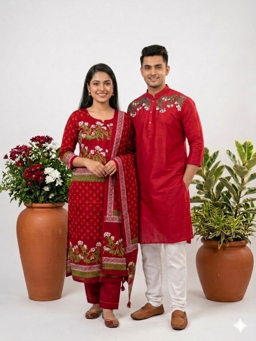 Couple Outfit and Panjabi Set Red Floral - Red Floral