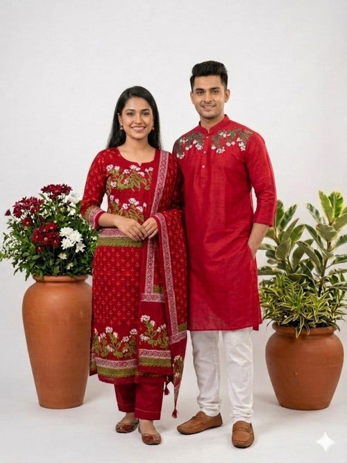 Couple Outfit and Panjabi Set Red Floral - Red Floral