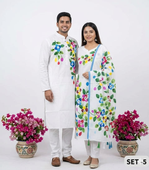 Couple Outfit and Panjabi Set White Floral - White Floral
