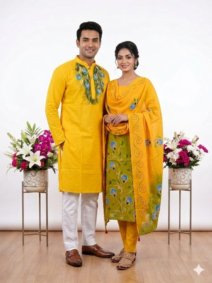 Couple Outfit and Panjabi Set Yellow Olive Floral - Yellow Olive Floral