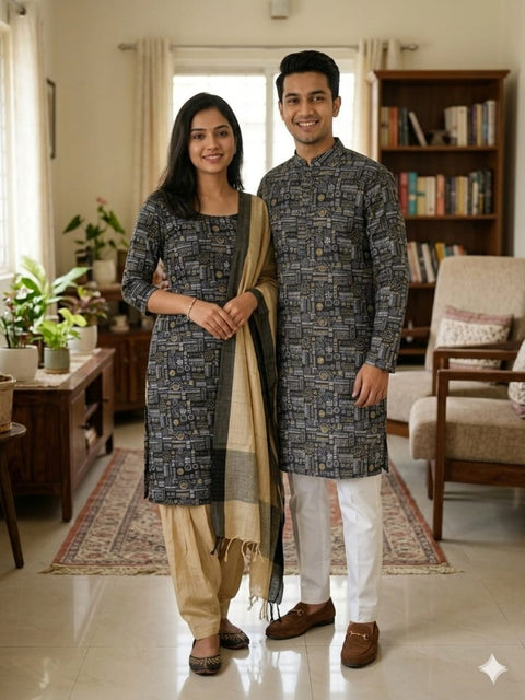 Couple Three Piece and Panjabi Set Charcoal Beige - Charcoal Beige