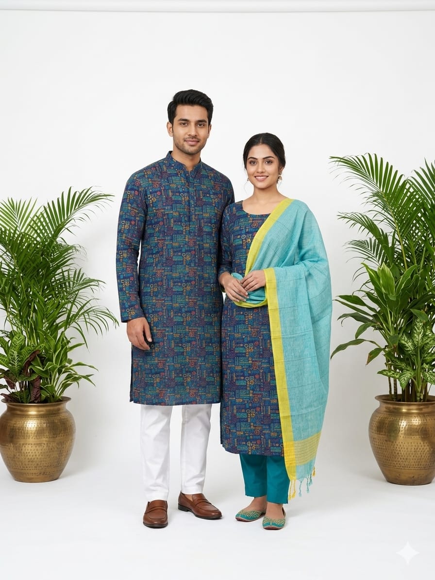 Couple Three Piece and Panjabi Set Navy Teal - Navy Teal