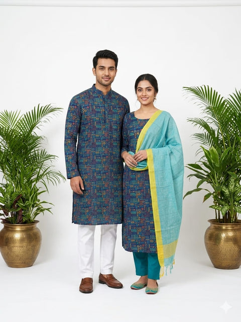 Couple Three Piece and Panjabi Set Navy Teal - Navy Teal