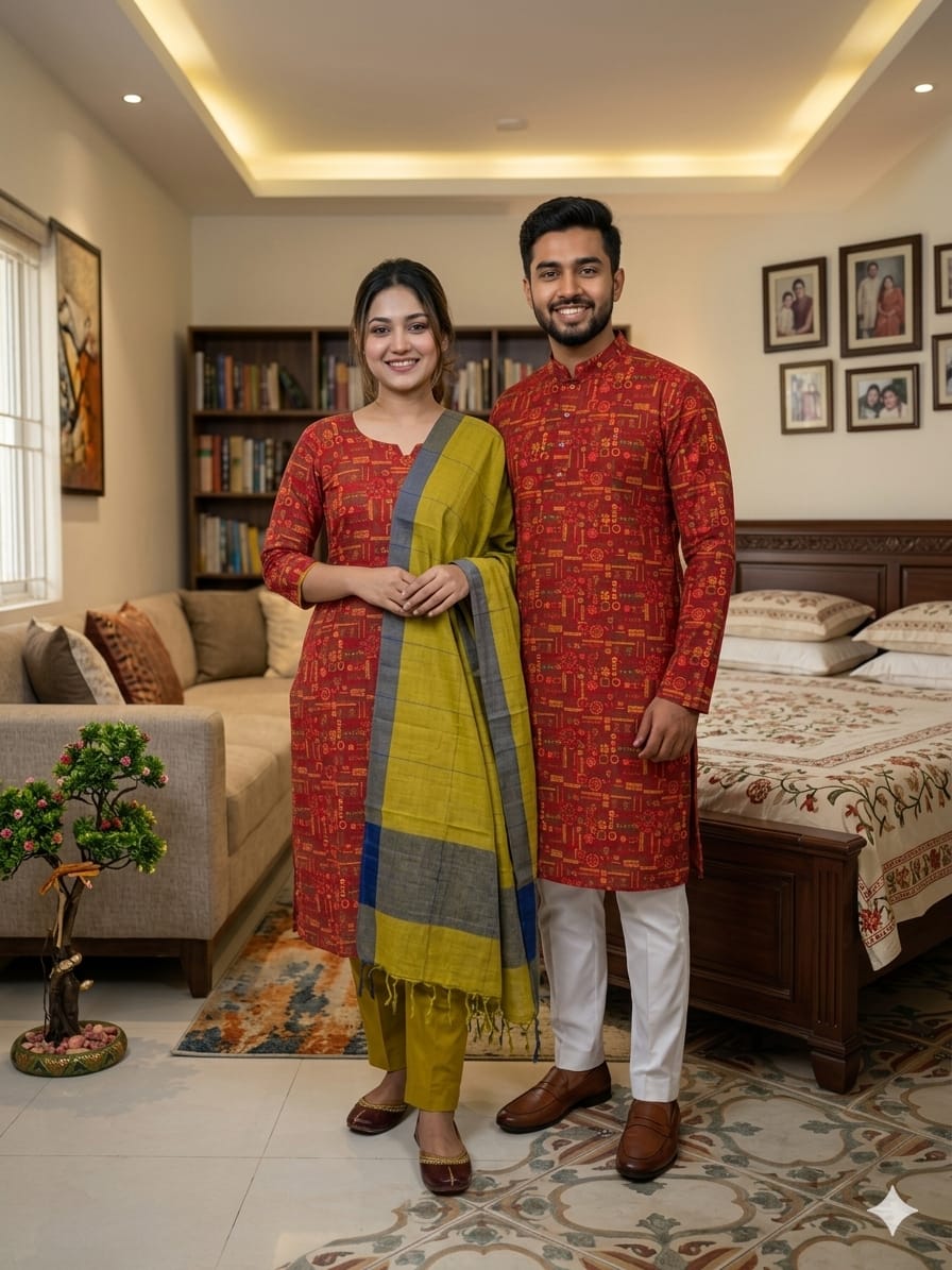 Couple Three Piece and Panjabi Set Red Olive - Red Olive