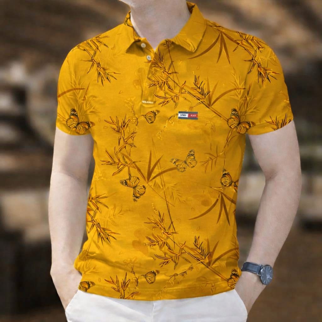 Stylish Half Sleeve Polo Shirt - Mustard Floral