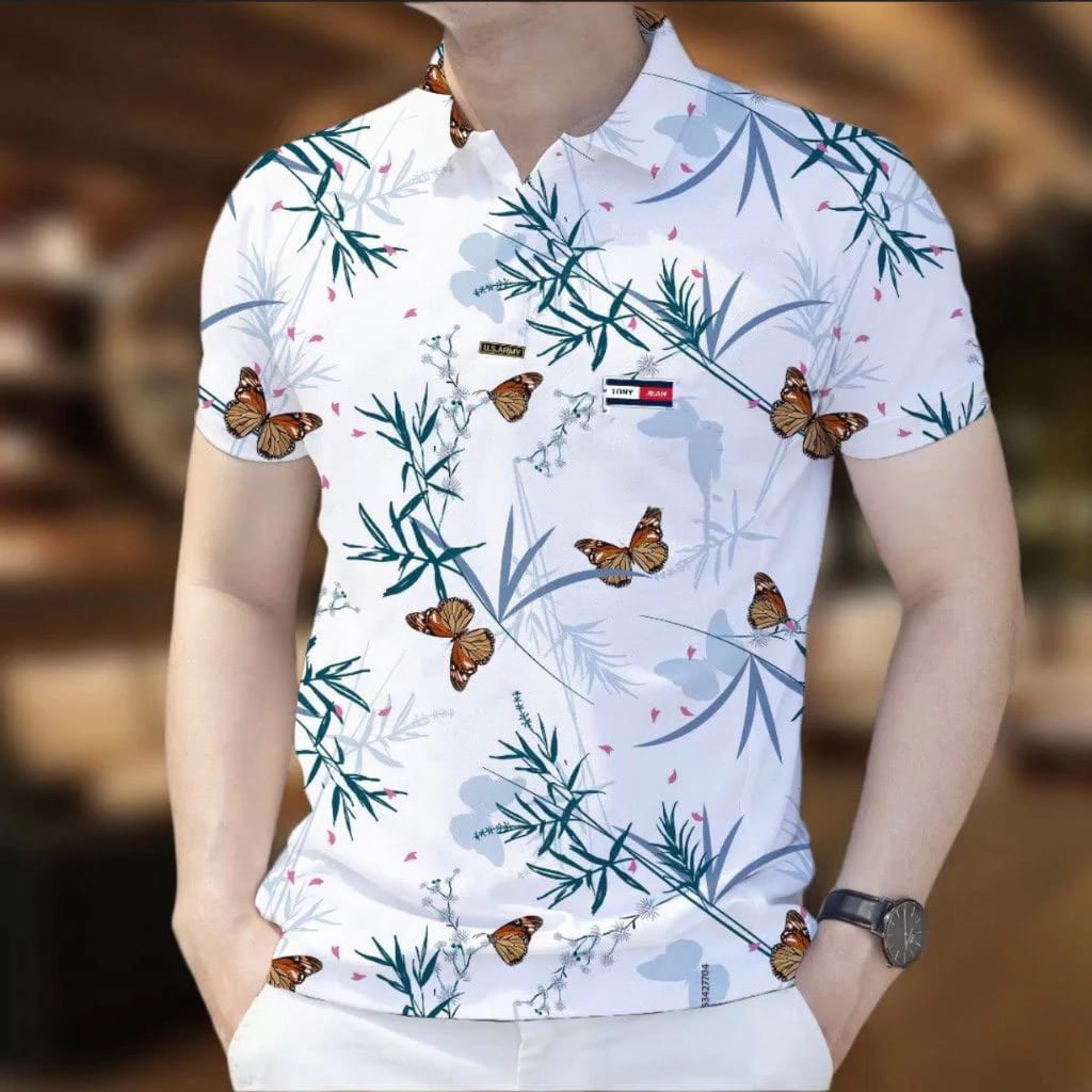 Stylish Half Sleeve Polo Shirt - White Floral