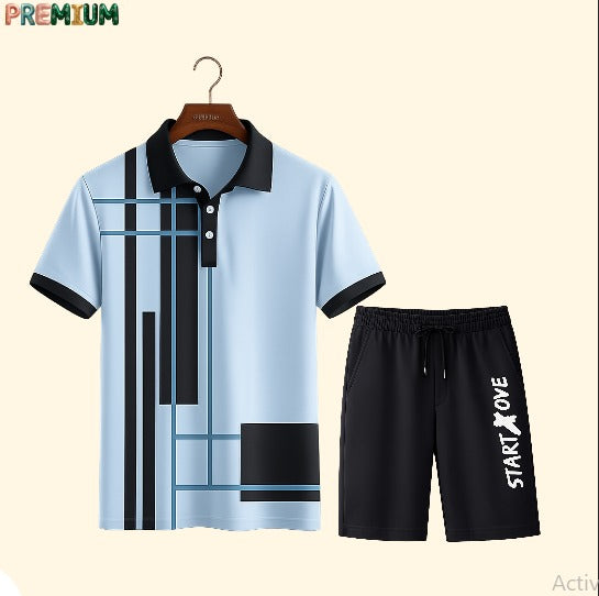 Cotton Polo Shirt and Half Pant Combo - Sky Blue Black Stripe