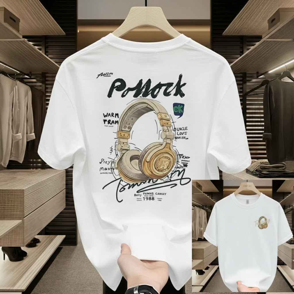 Premium Drop Shoulder T-Shirt - 03 White Headphone Graphic