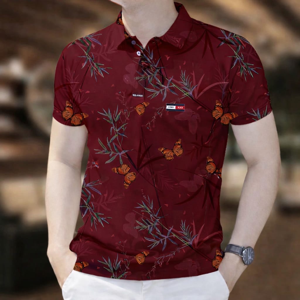 Stylish Half Sleeve Polo Shirt - Maroon Floral