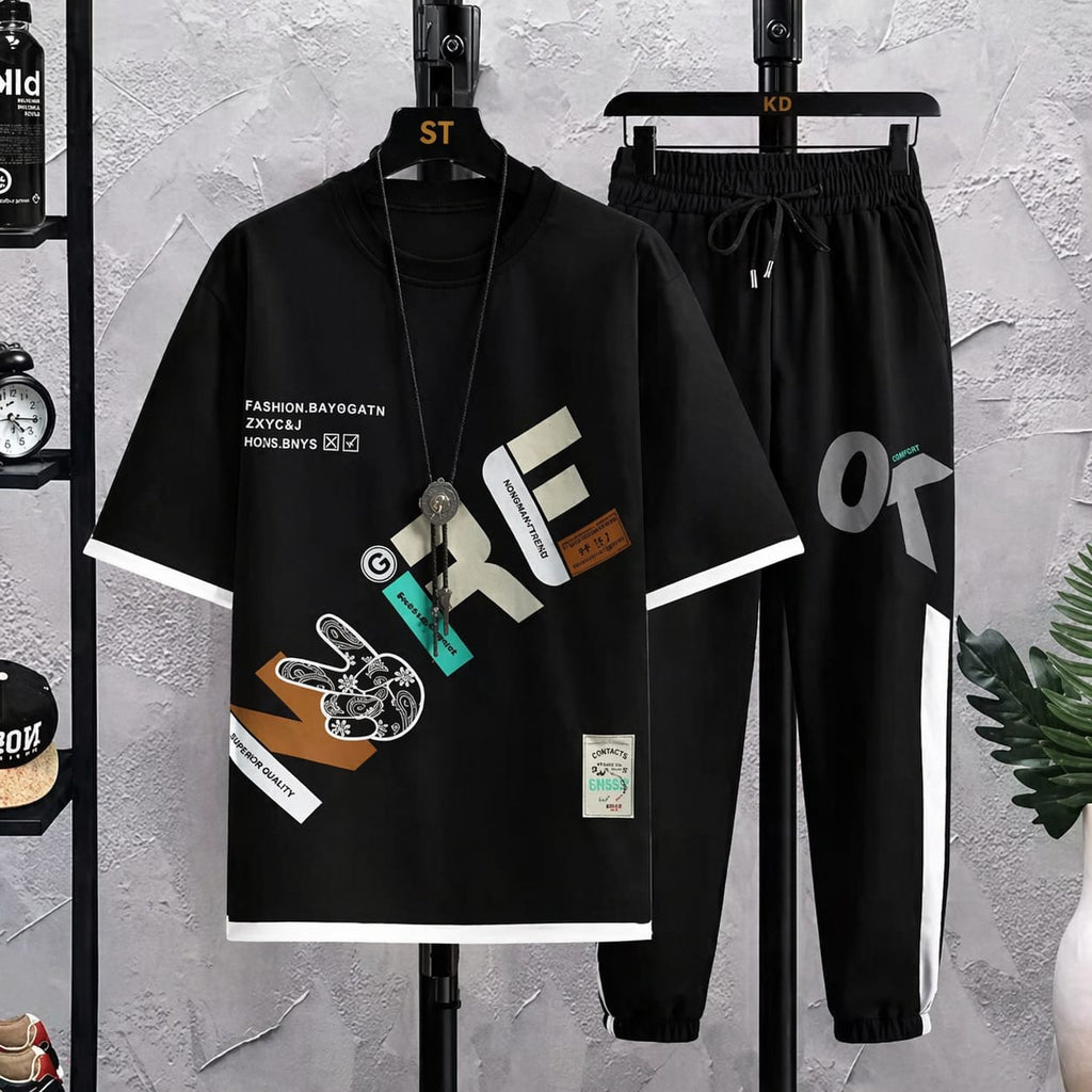 T-Shirt and Trouser Set - Black Graphic Track Set