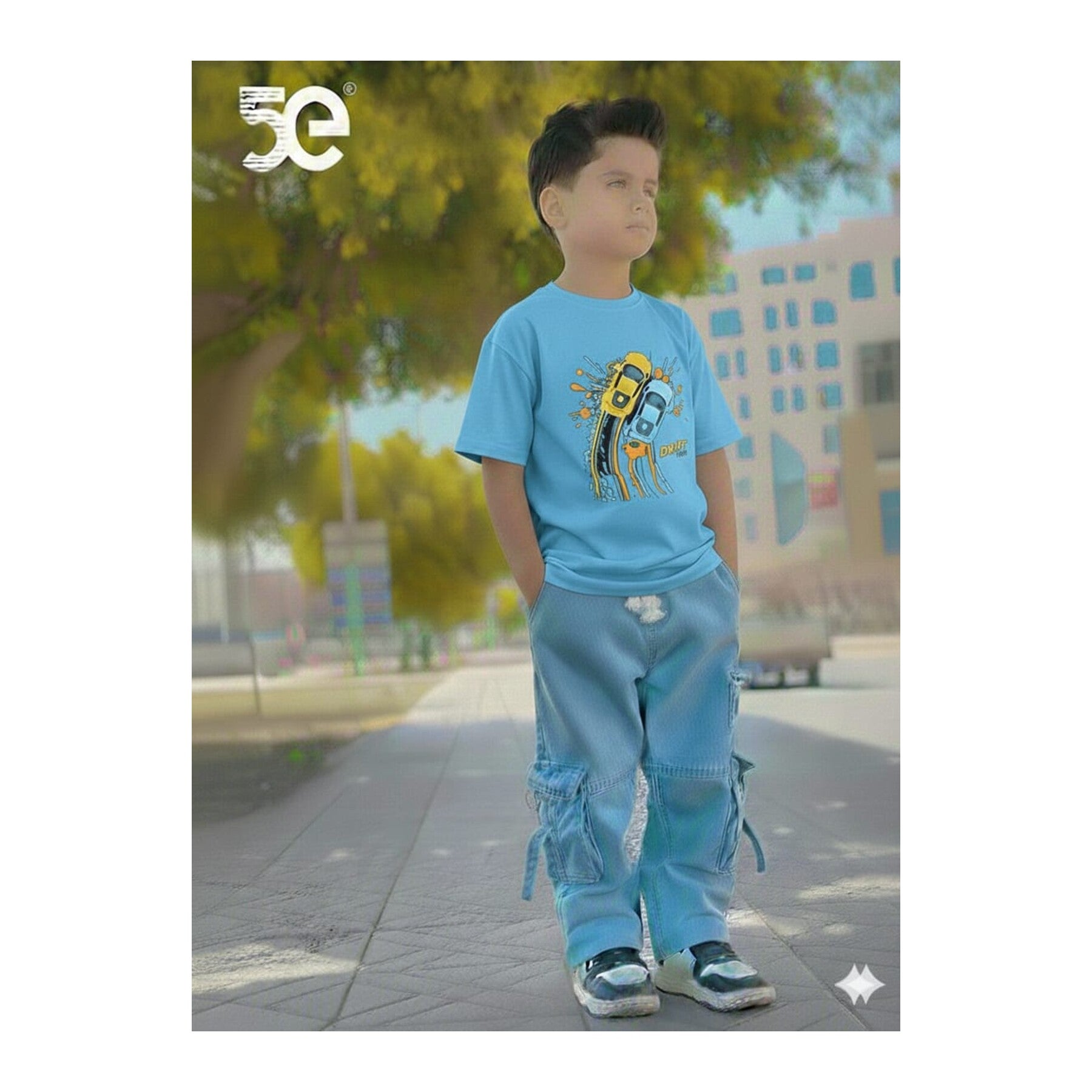 Boys Denim Pant and T-Shirt Set Graphic Prints - 04 Sky Blue Robot