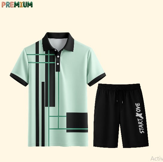 Cotton Polo Shirt and Half Pant Combo - Mint Green Black Stripe