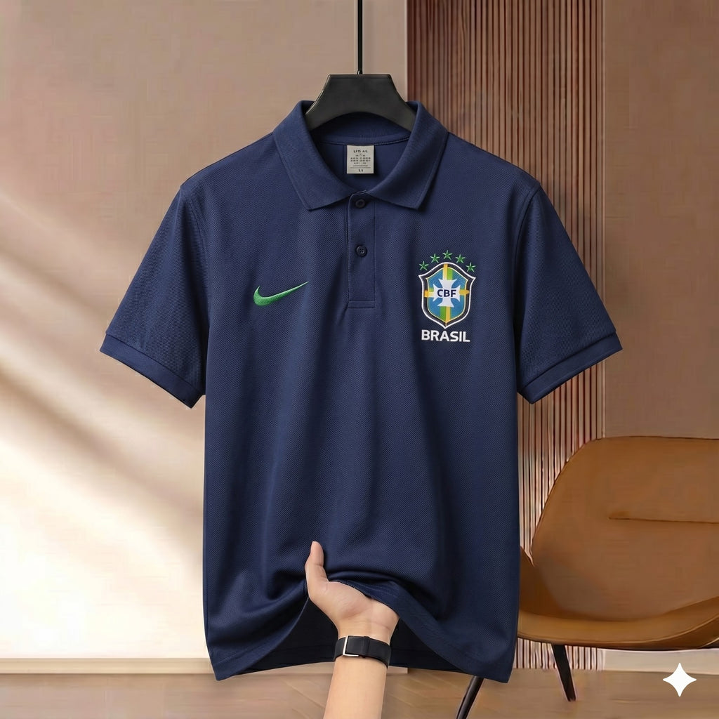 Premium Rubber Print World Cup Polo Shirt Brazil - Navy