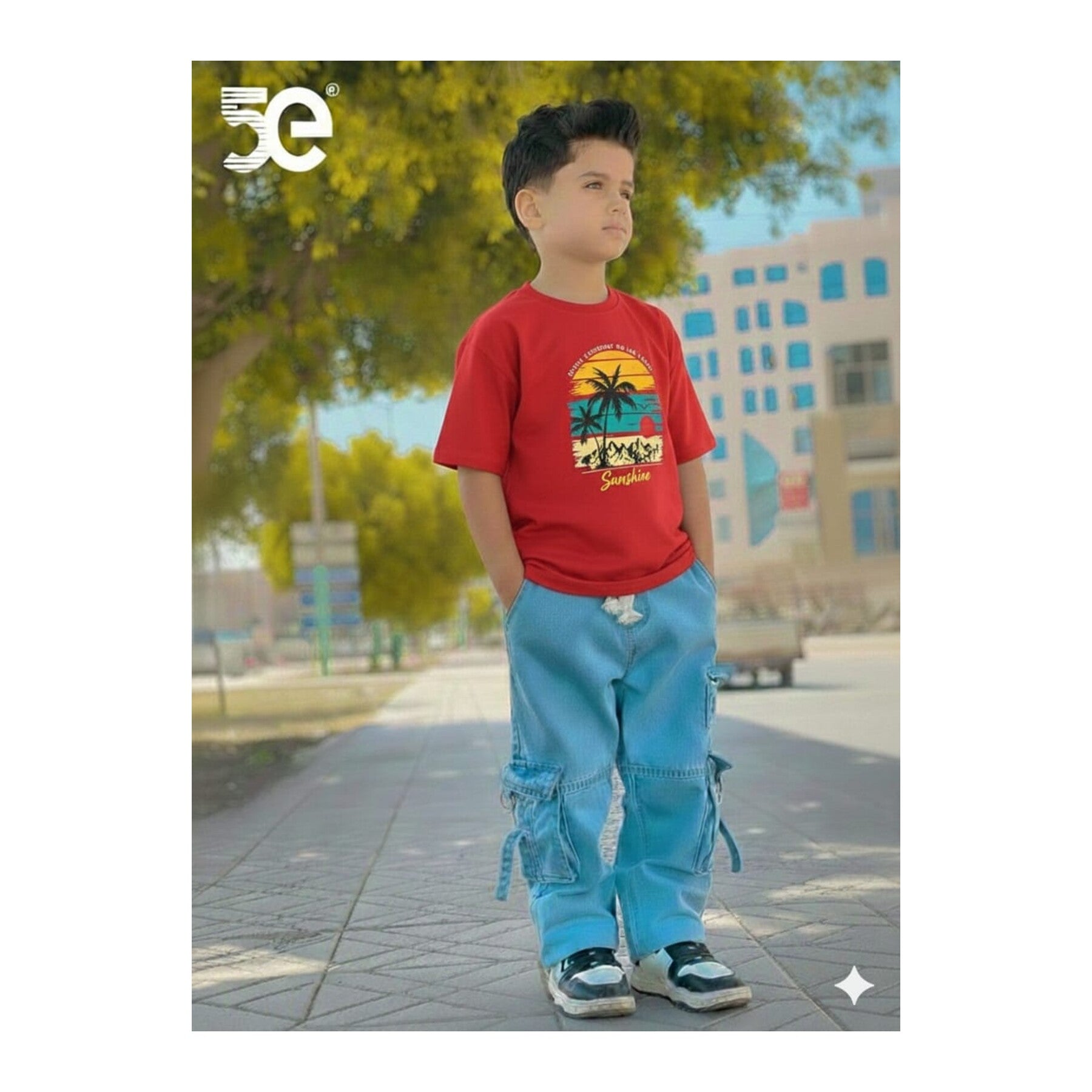 Boys Denim Pant and T-Shirt Set Panda and Graphic Prints - 05 Red Palm Sunset
