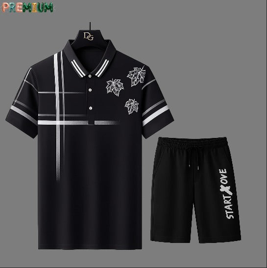 Cotton Polo Shirt and Half Pant Combo - Black White Stripe