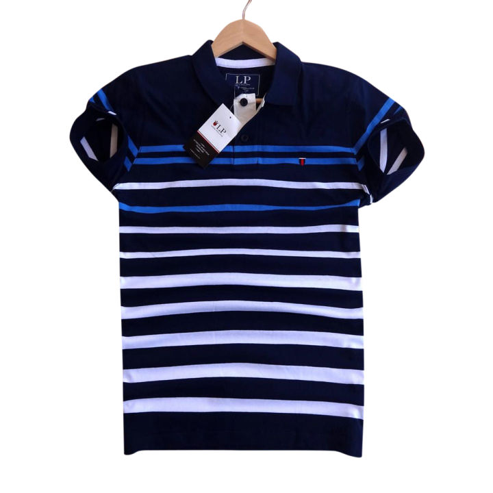 Premium Half Sleeve Polo Shirt - Navy White Stripe