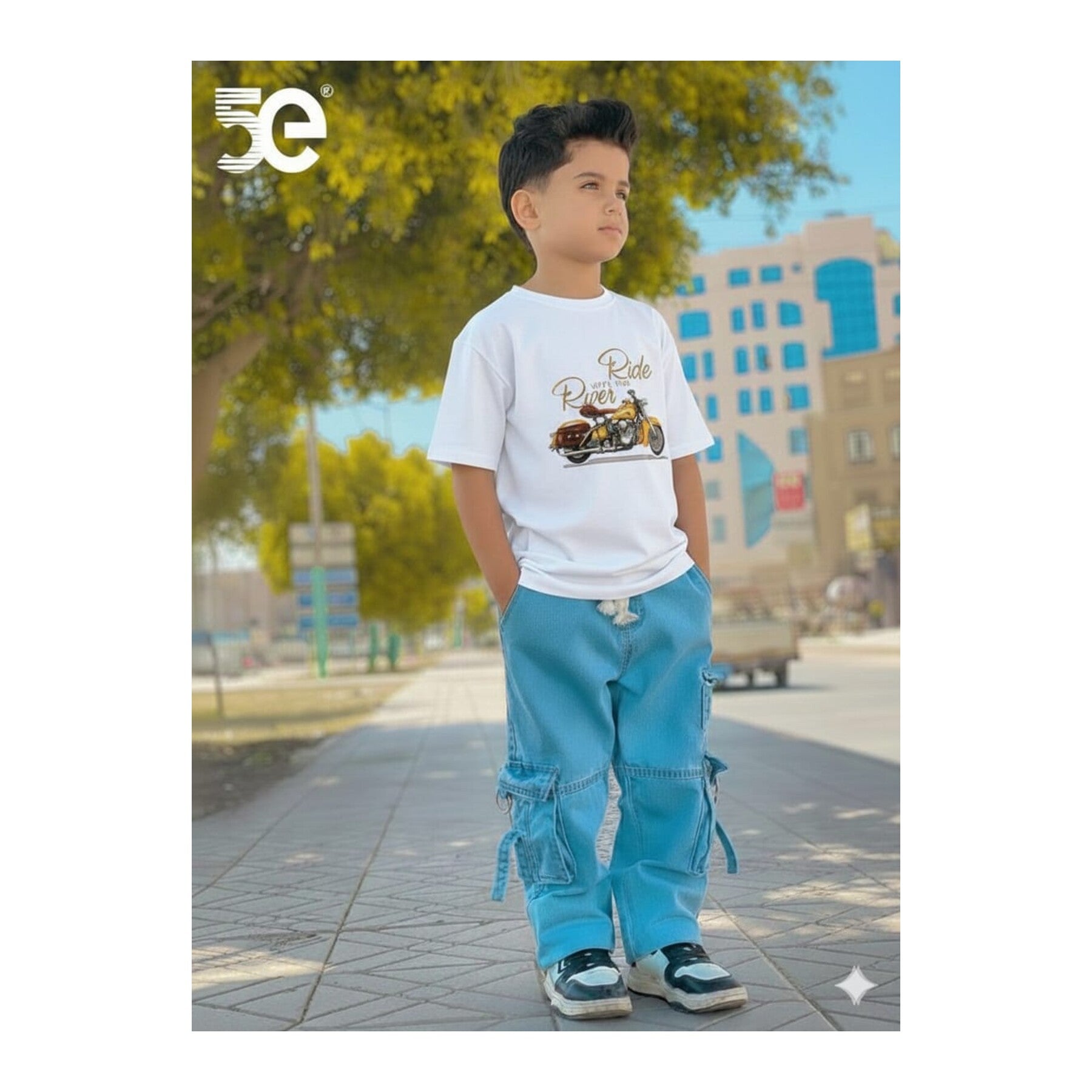 Boys Denim Pant and T-Shirt Set Graphic Prints - 06 White Car Graphic