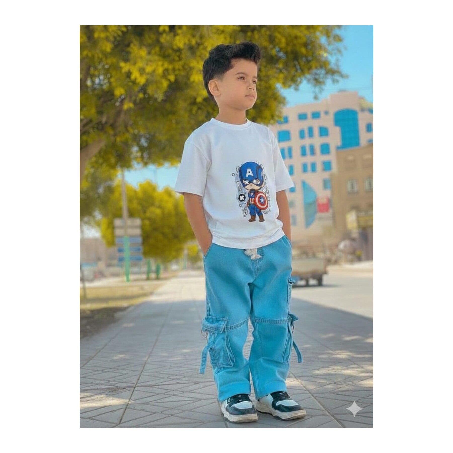Boys Denim Pant and T-Shirt Set Panda and Graphic Prints - 06 White Astronaut