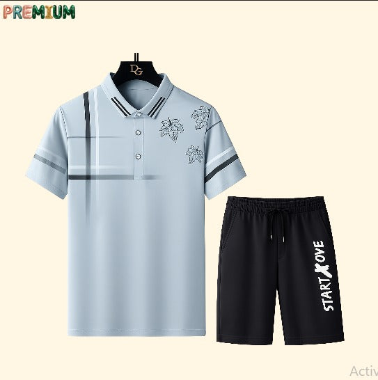 Cotton Polo Shirt and Half Pant Combo - Light Blue White Stripe