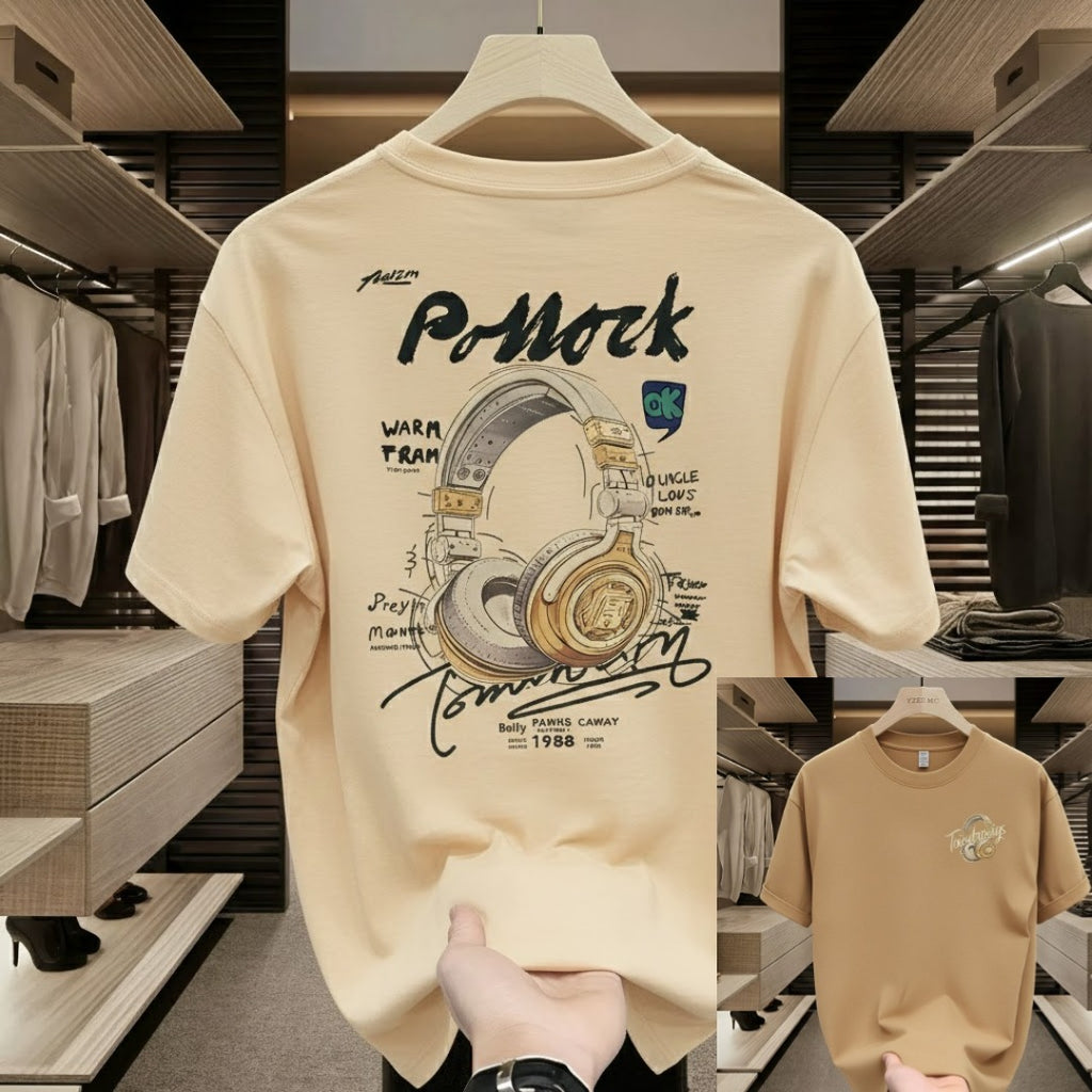 Premium Drop Shoulder T-Shirt - 06 Beige Headphone Graphic