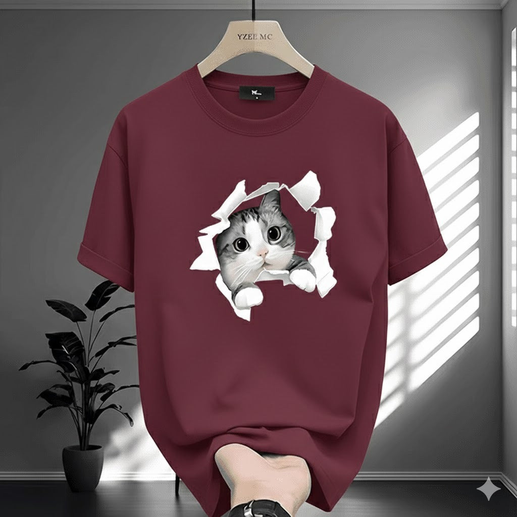 Premium Drop Shoulder T-Shirt Logo Graphic Collection - Maroon Cat Graphic