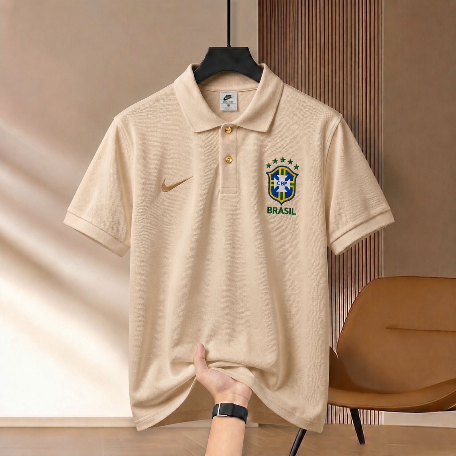 Premium Rubber Print World Cup Polo Shirt Brazil - Cream