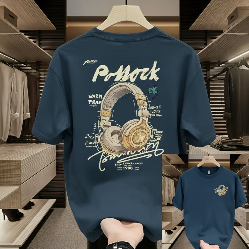 Premium Drop Shoulder T-Shirt - 07 Blue Headphone Graphic