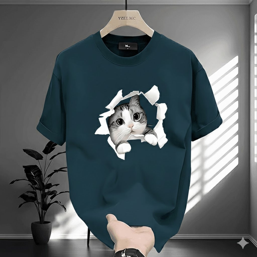 Premium Drop Shoulder T-Shirt Logo Graphic Collection - Teal Cat Graphic