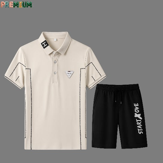 Cotton Polo Shirt and Half Pant Combo - Cream White Line