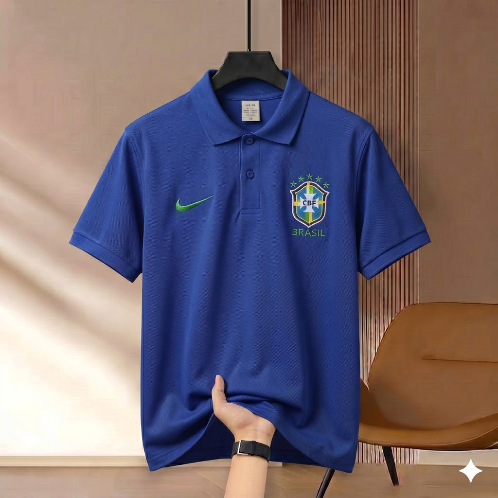 Premium Rubber Print World Cup Polo Shirt Brazil - Royal Blue