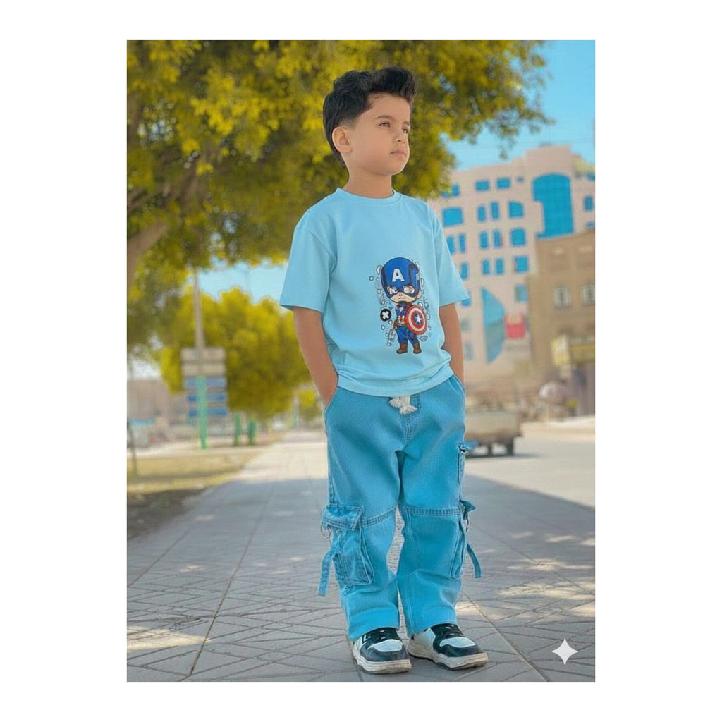 Boys Denim Pant and T-Shirt Set Graphic Prints - 09 Sky Blue Astronaut