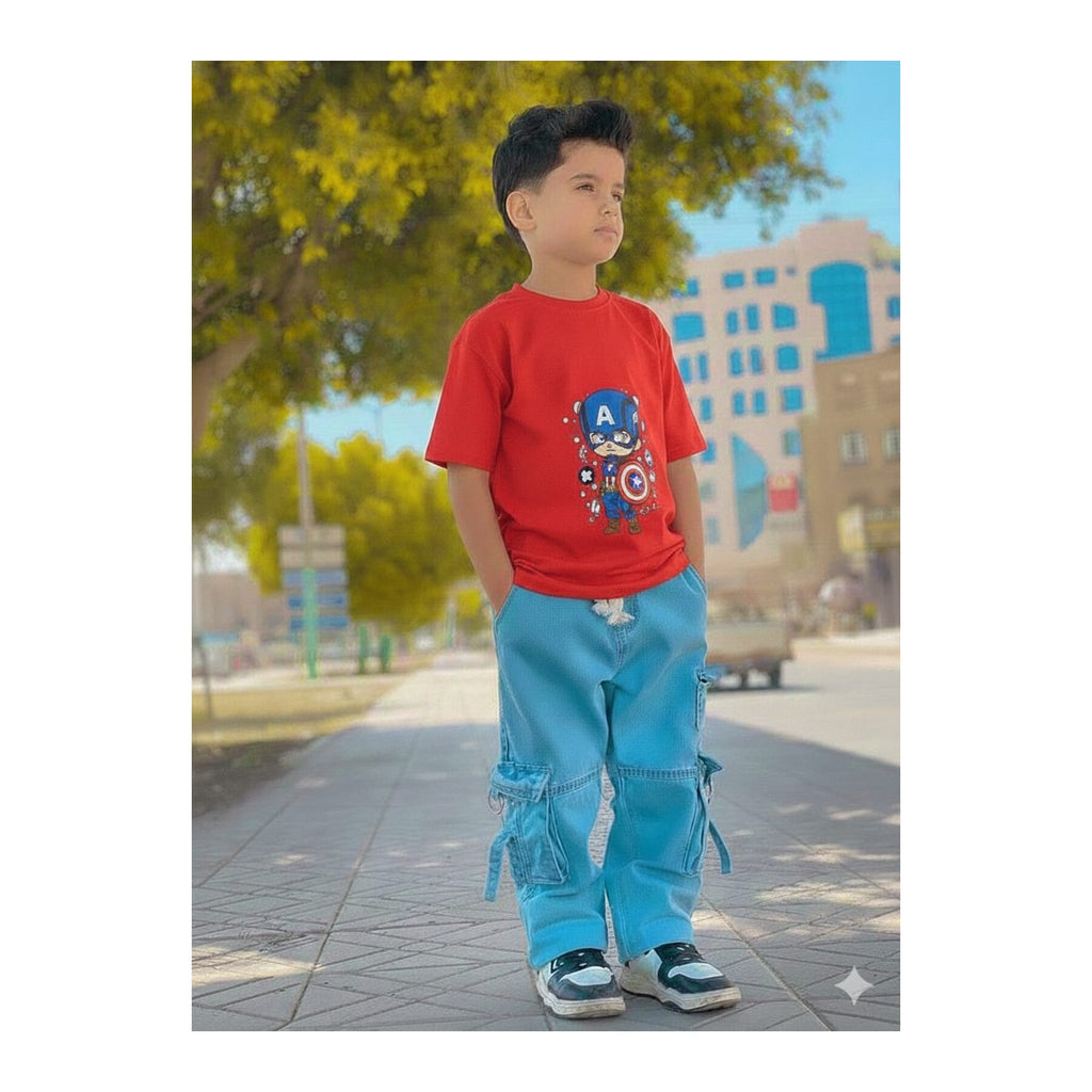 Boys Denim Pant and T-Shirt Set Panda and Graphic Prints - 09 Red Astronaut