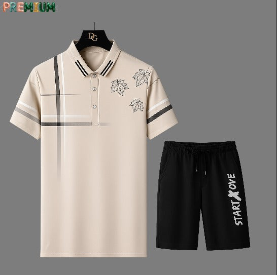 Cotton Polo Shirt and Half Pant Combo - Beige Line Polo