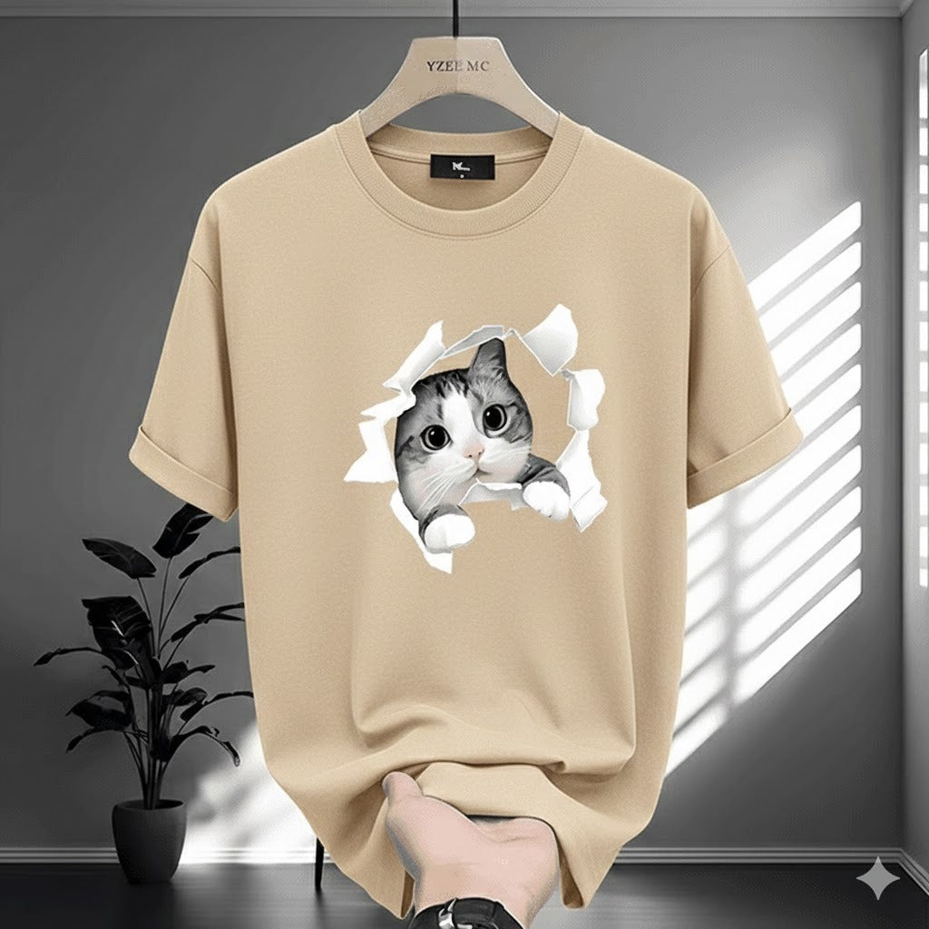 Premium Drop Shoulder T-Shirt Logo Graphic Collection - Beige Cat Graphic