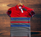 Premium Half Sleeve Polo Shirt - Grey Red Blue Stripe