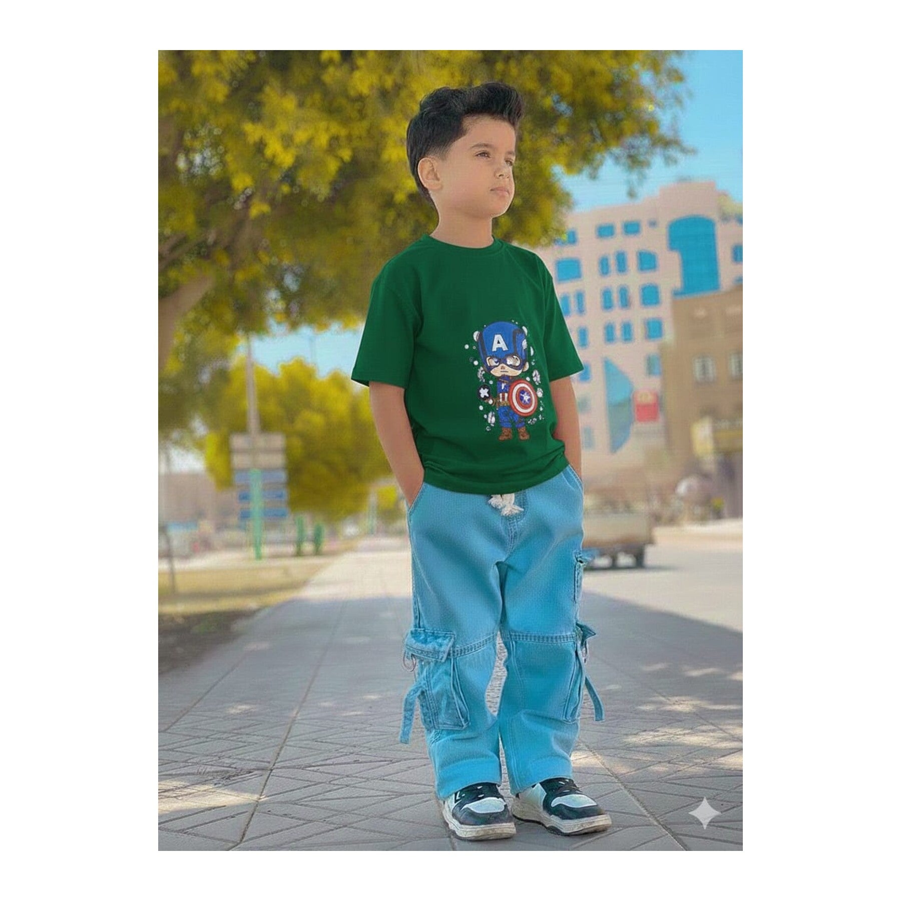 Boys Denim Pant and T-Shirt Set Graphic Prints - 11 Green Robot
