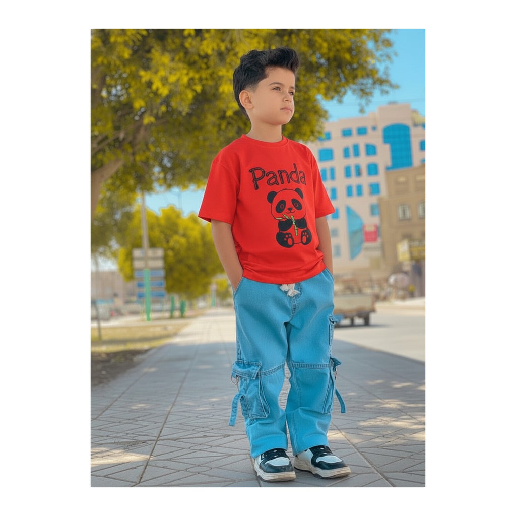 Boys Denim Pant and T-Shirt Set Panda and Graphic Prints - 11 Red Panda Text