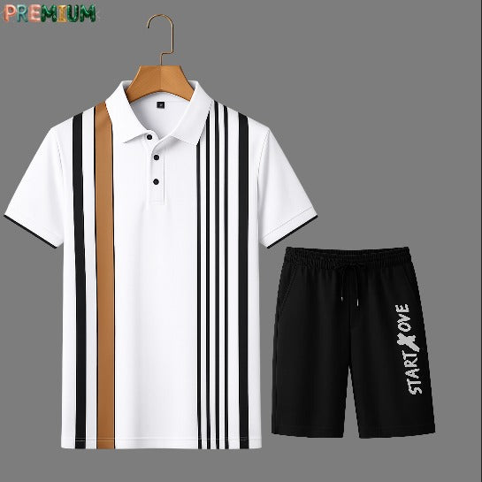 Cotton Polo Shirt and Half Pant Combo - White Brown Stripe