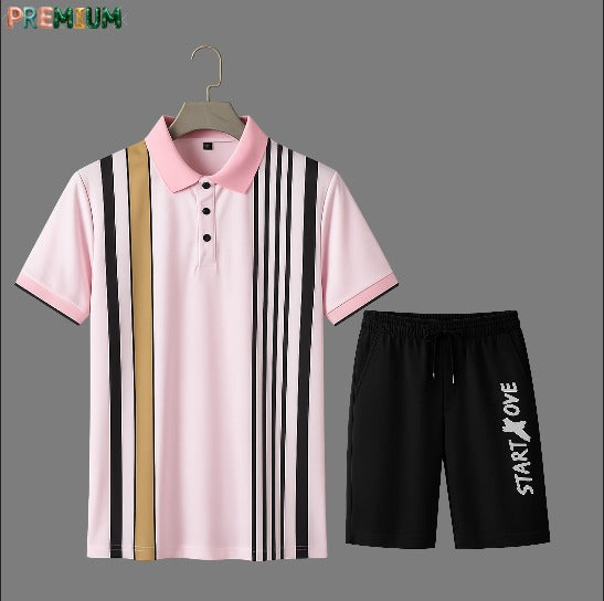 Cotton Polo Shirt and Half Pant Combo - Pink Multi Stripe